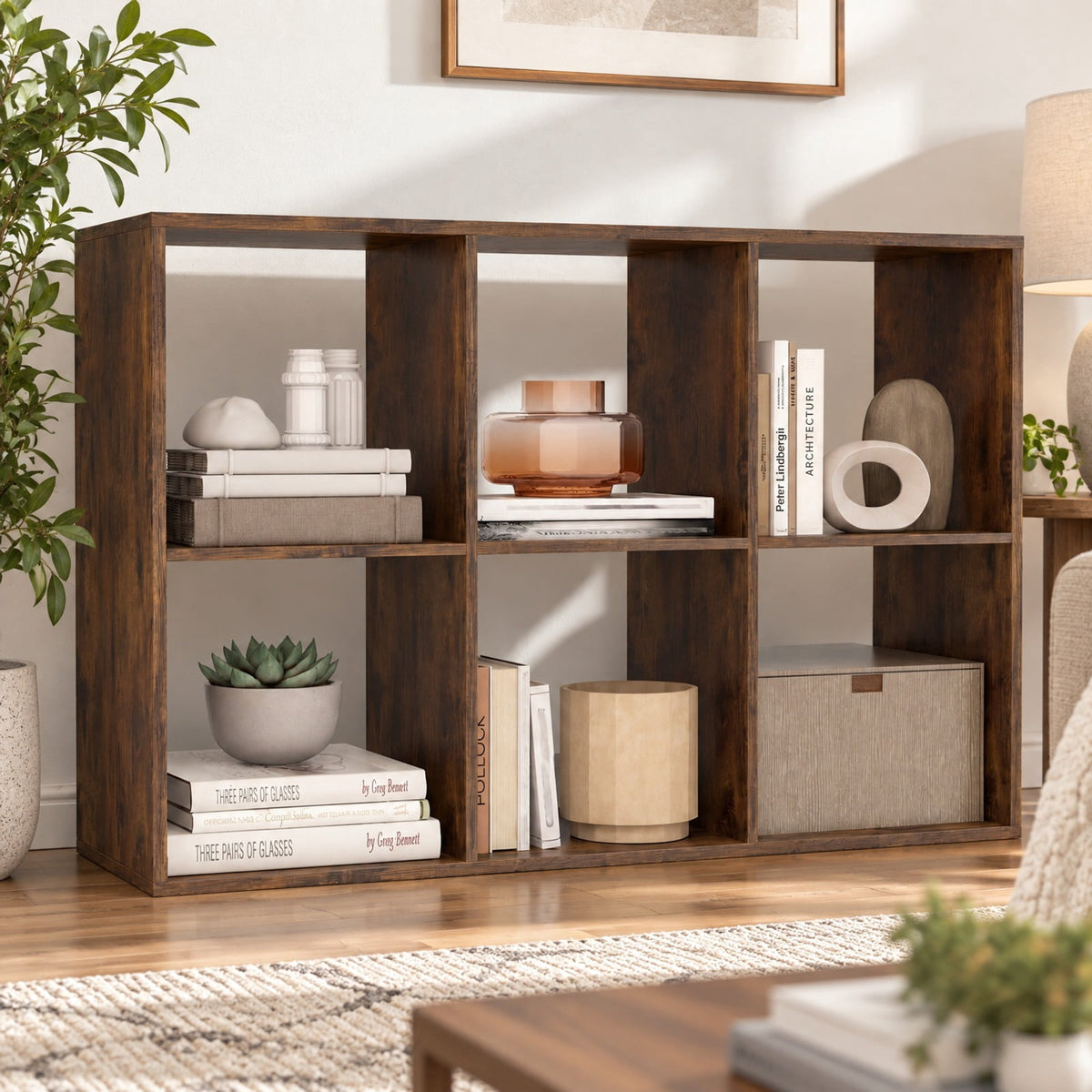 Airfind 6 Cube Bookshelf with Back Guardrail for Living Room Bedroom, 154 lbs Capacity, Engineered Wood Frame, 41 Inch x 13 Inch x 27.5 Inch Footprint, Brown