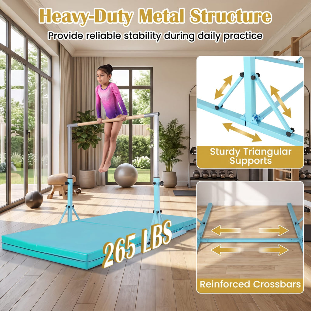 Airfind Foldable Gymnastics Bar for Kids with 3 Level Adjustable Height and Bamboo Grip Bar for Home Balance and Coordination Training, Green