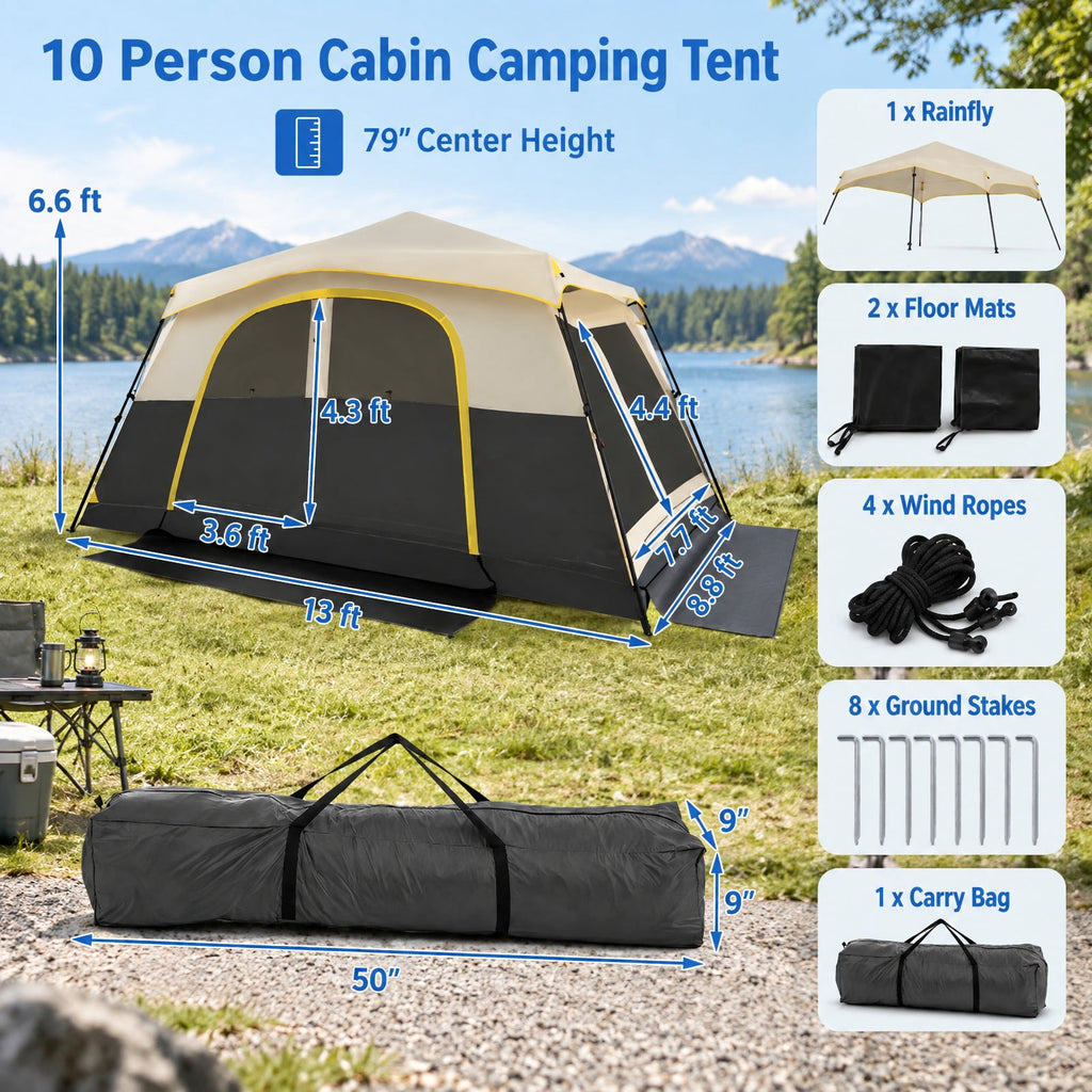 Airfind 10 Person Instant Cabin Camping Tent with Rainfly 13 ft x 9 ft Portable Large Family Tent, Beige
