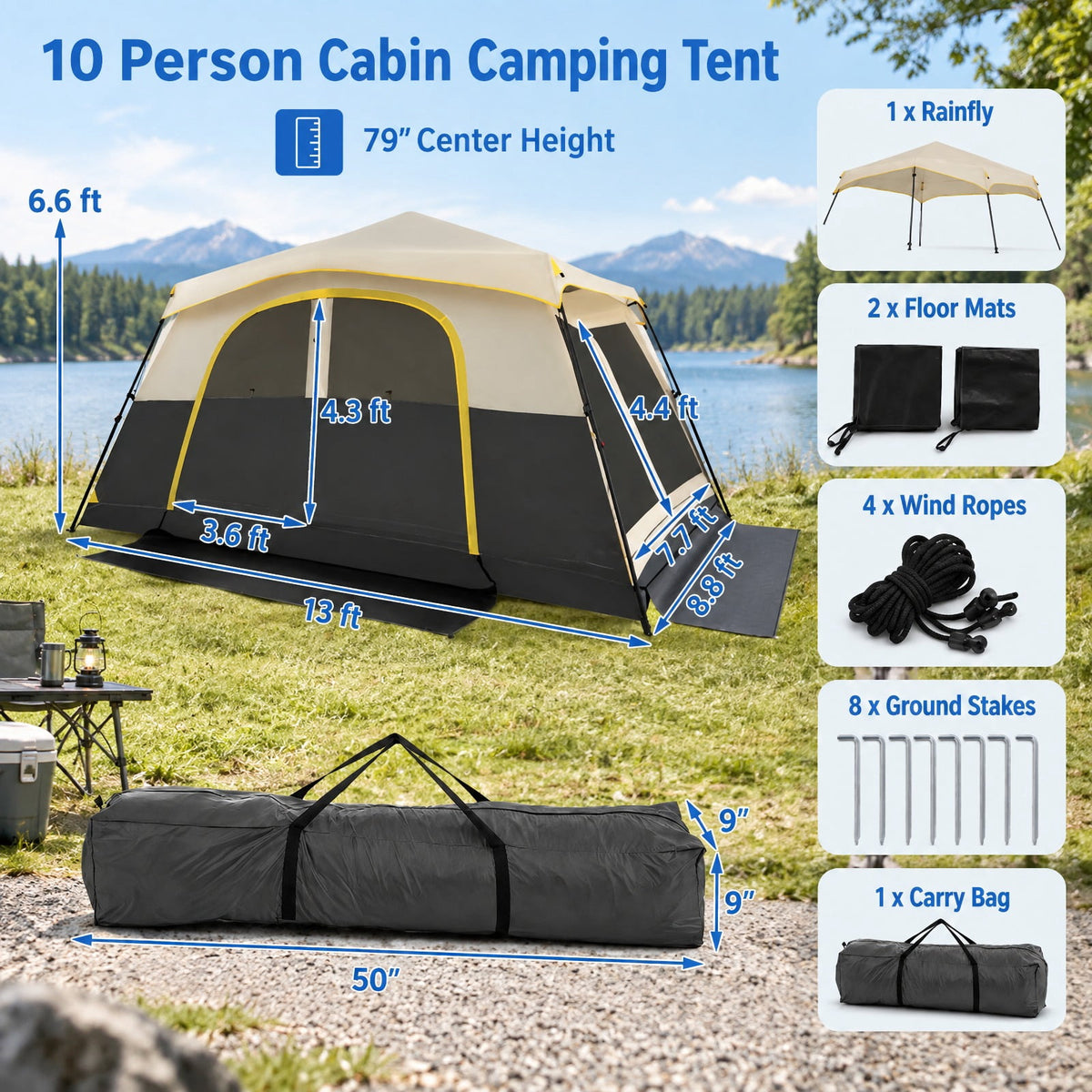 Airfind 10 Person Instant Cabin Camping Tent with Rainfly 13 ft x 9 ft Portable Large Family Tent, Beige