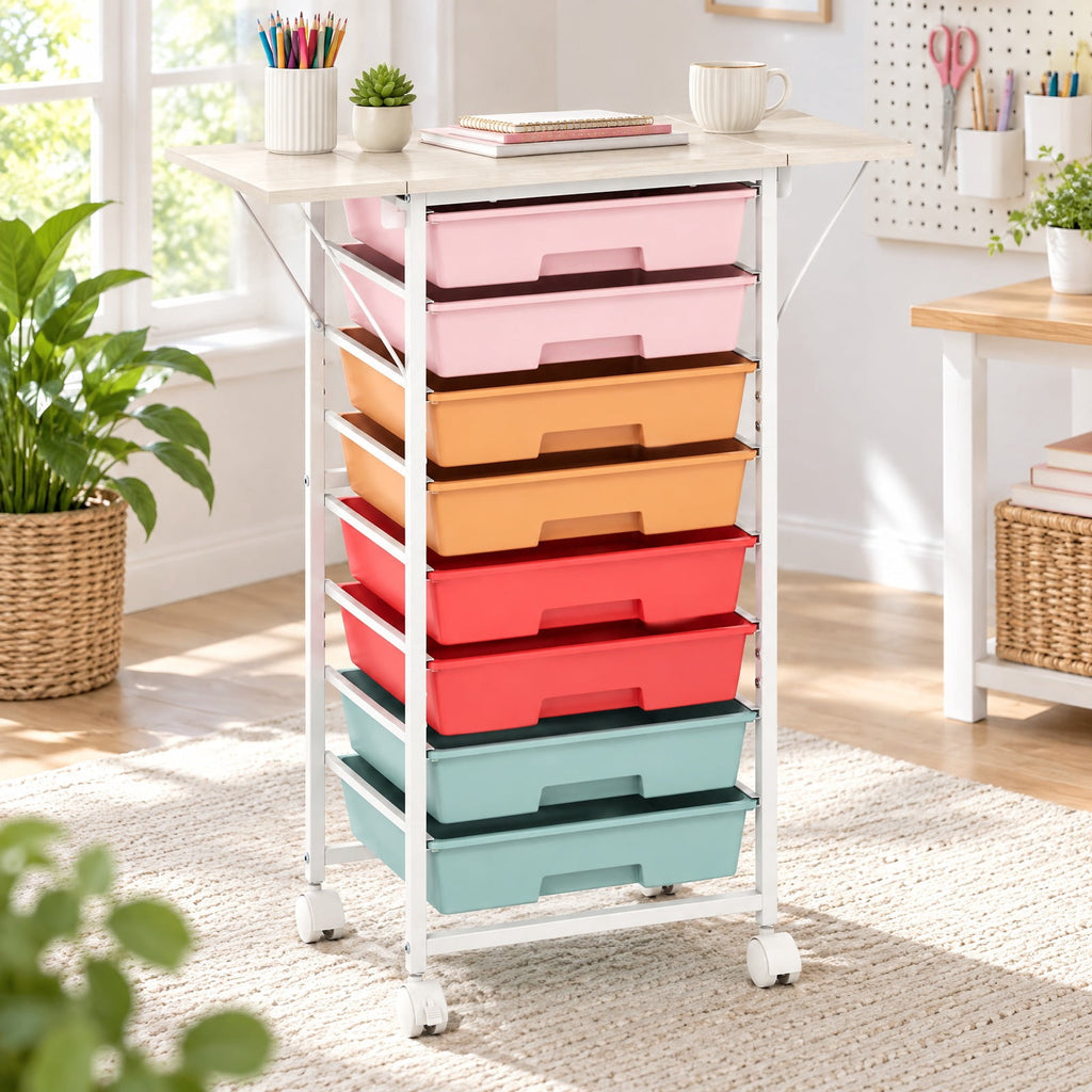Airfind 8-Drawer Rolling Cart with Wooden Tabletop and Folding Side Panels for Living Room, 33 lbs Capacity, Metal PP Engineered Wood Frame