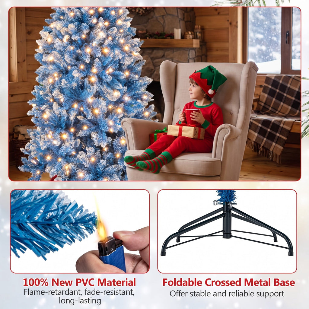 Airfind 6/7/8/9 FT Artificial Christmas Tree with 767 Snowy Branch Tips-7 FT, PVC Metal Frame, 3.1 x 6 ft Footprint, Blue