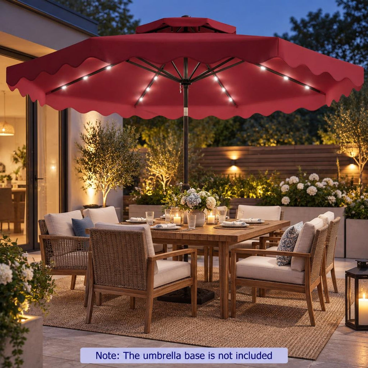 Airfind 9 FT Solar LED Patio Umbrella Push-Button Tilt and Crank 24 LED Lights and 8 Ribs, Polyester Fabric Metal Frame, 9 x 8.2 ft Footprint, Red