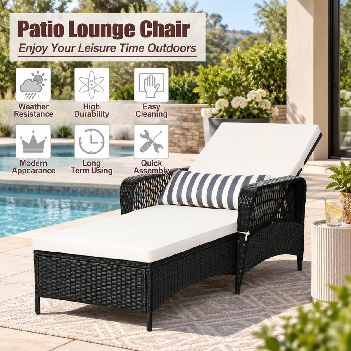 Airfind PE Rattan Armrest Chaise Lounge Chair with Adjustable Pillow, 400 lbs Capacity, Steel PE wicker rattan fabric foam Frame, White