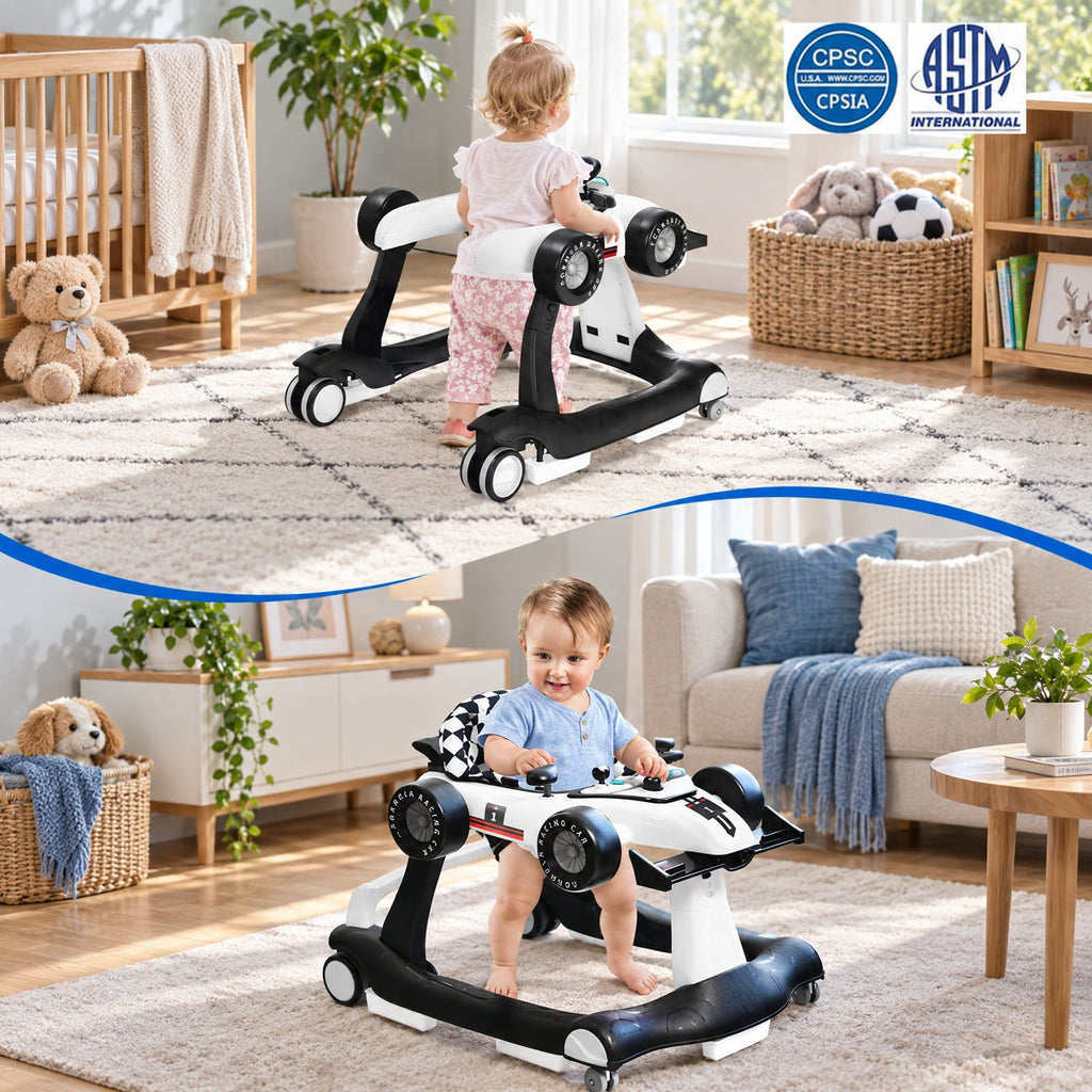 AIRFIND Baby Walker with 4 Activity Modes, 3 Adjustable Heights, Music and Lights, Rear Wheel Speed Control and Folding Frame, White