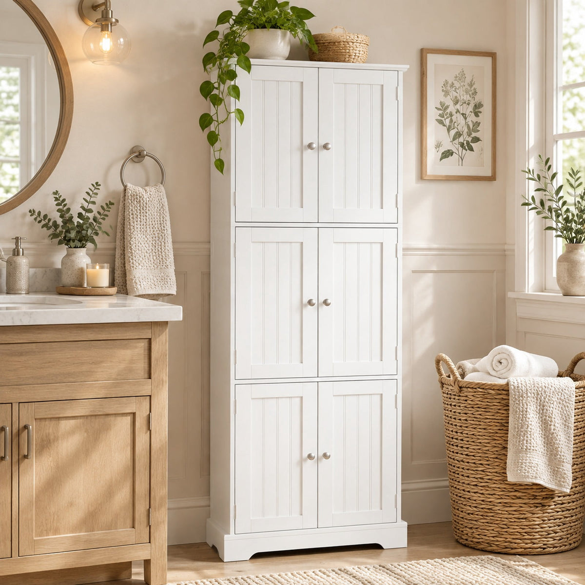 Airfind 63 Inch Tall Bathroom Storage Cabinet with 6 Doors and Adjustable Shelves, 44 lbs Capacity, Engineered Wood Frame, White