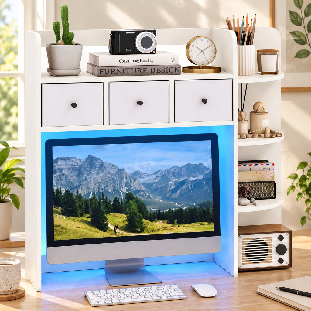 Airfind Desktop Bookshelf with LED Lights 5-Tier Shelves and 3 Drawers for Home Officce, 88 lbs Capacity, Engineered Wood Fabric Frame, White