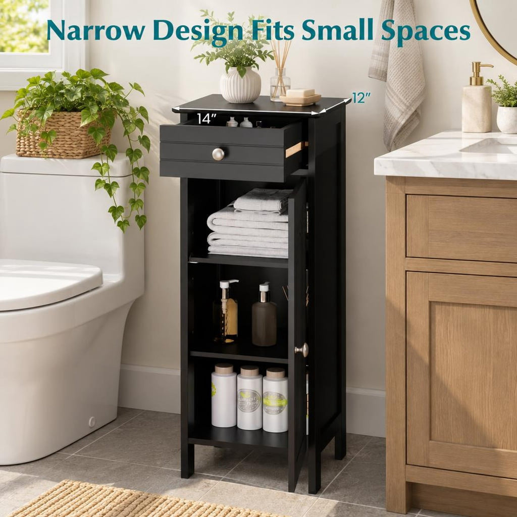 Airfind Wooden Storage Free-Standing Floor Cabinet with Drawer and Shelf, 132 lbs Capacity, MDF Frame, 14in x 12in x 34.5in Footprint, Black