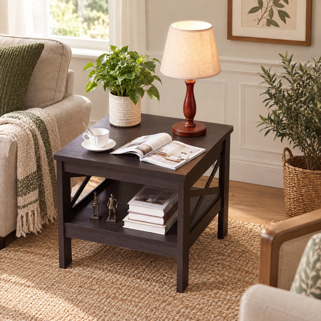 Airfind 2-Tier Square Side Table with Storage Shelf and X-Frame for Bedroom Living Room, 220 lbs Capacity, Engineered Wood MDF Frame, Brown
