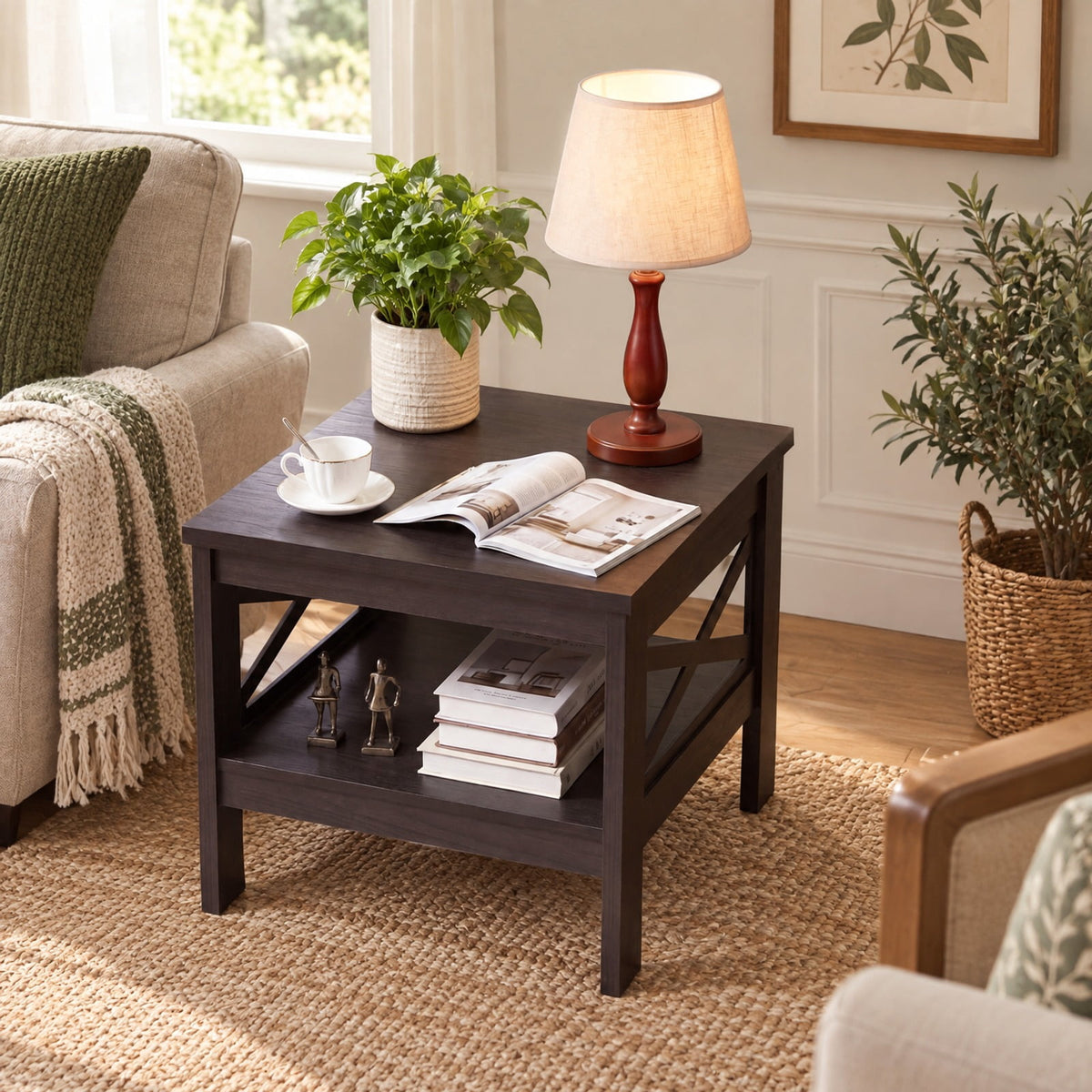 Airfind 2-Tier Square Side Table with Storage Shelf and X-Frame for Bedroom Living Room, 220 lbs Capacity, Engineered Wood MDF Frame, Brown