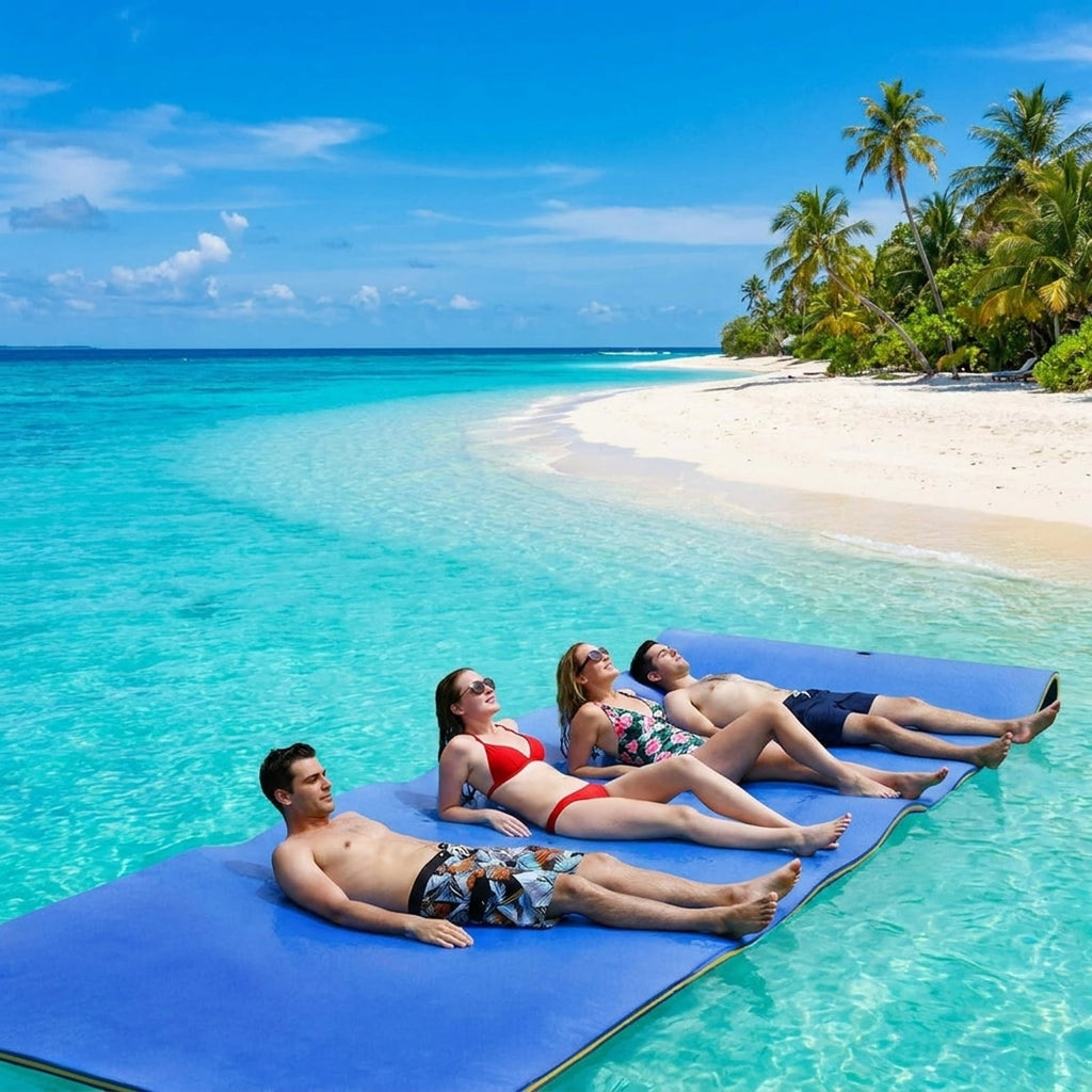 Airfind Inflatable Floating Island for Adults with Mesh Seats and Backrests plus Cup Holders and Boarding Platform in Heavy-Duty Material for Lake and Pool Parties, Blue