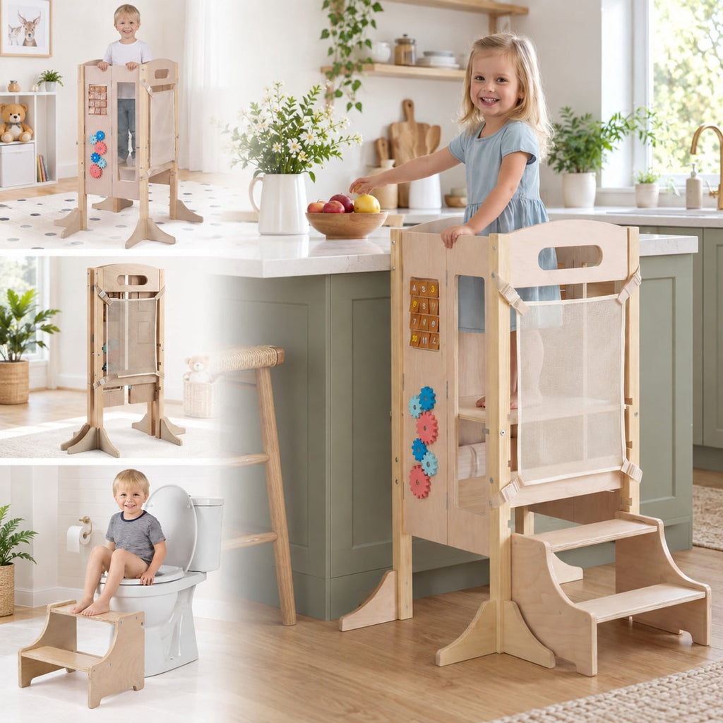 Airfind Standing Tower, Foldable Youth Step Stool Wooden Kitchen, with 2-Step Height, 110 lbs Capacity, Pine Wood Frame, for 3+ Years Old, Natural