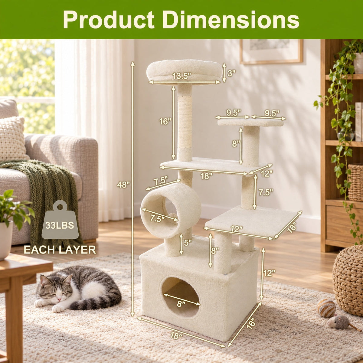 Airfind 48 Inches Tall Cat Tree Multi-Level Kitten Tower with Large Condo Padded Top Perch, Engineered Board Plush Sponge Jute Frame, Beige