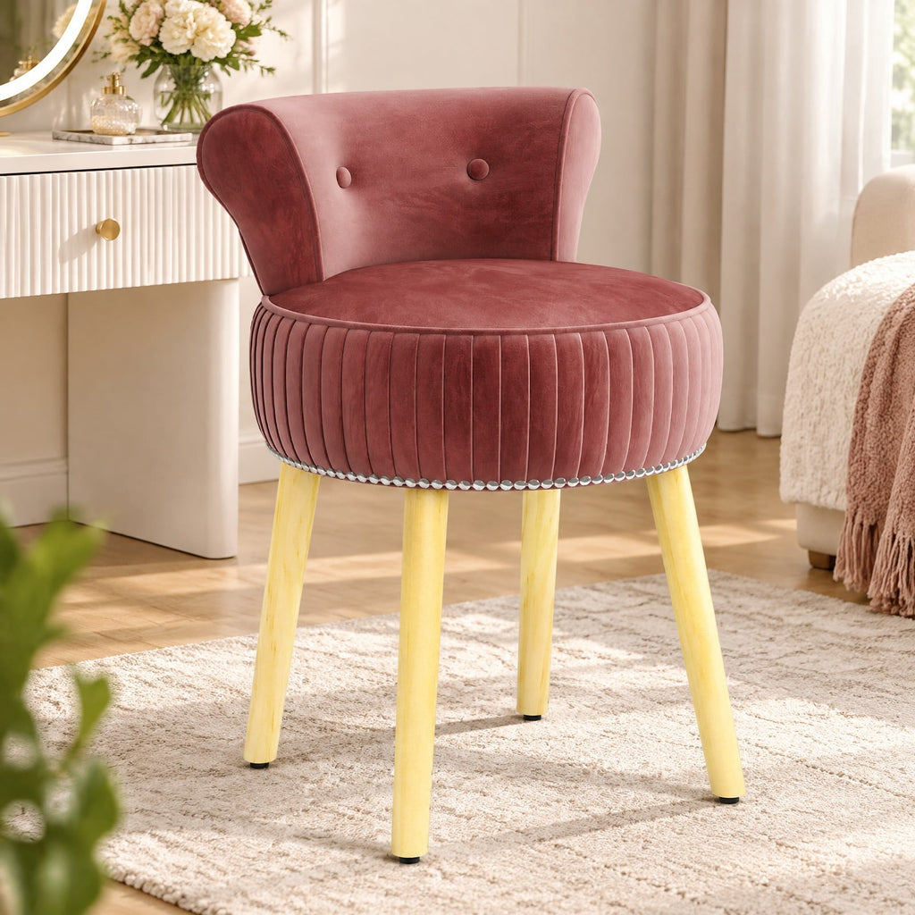 Airfind Velvet Vanity Chair with Back Upholstered Vanity Stool with Tufted Low Back and Solid Wood Legs, 234 lbs Capacity, Rubber Wood Frame, Pink