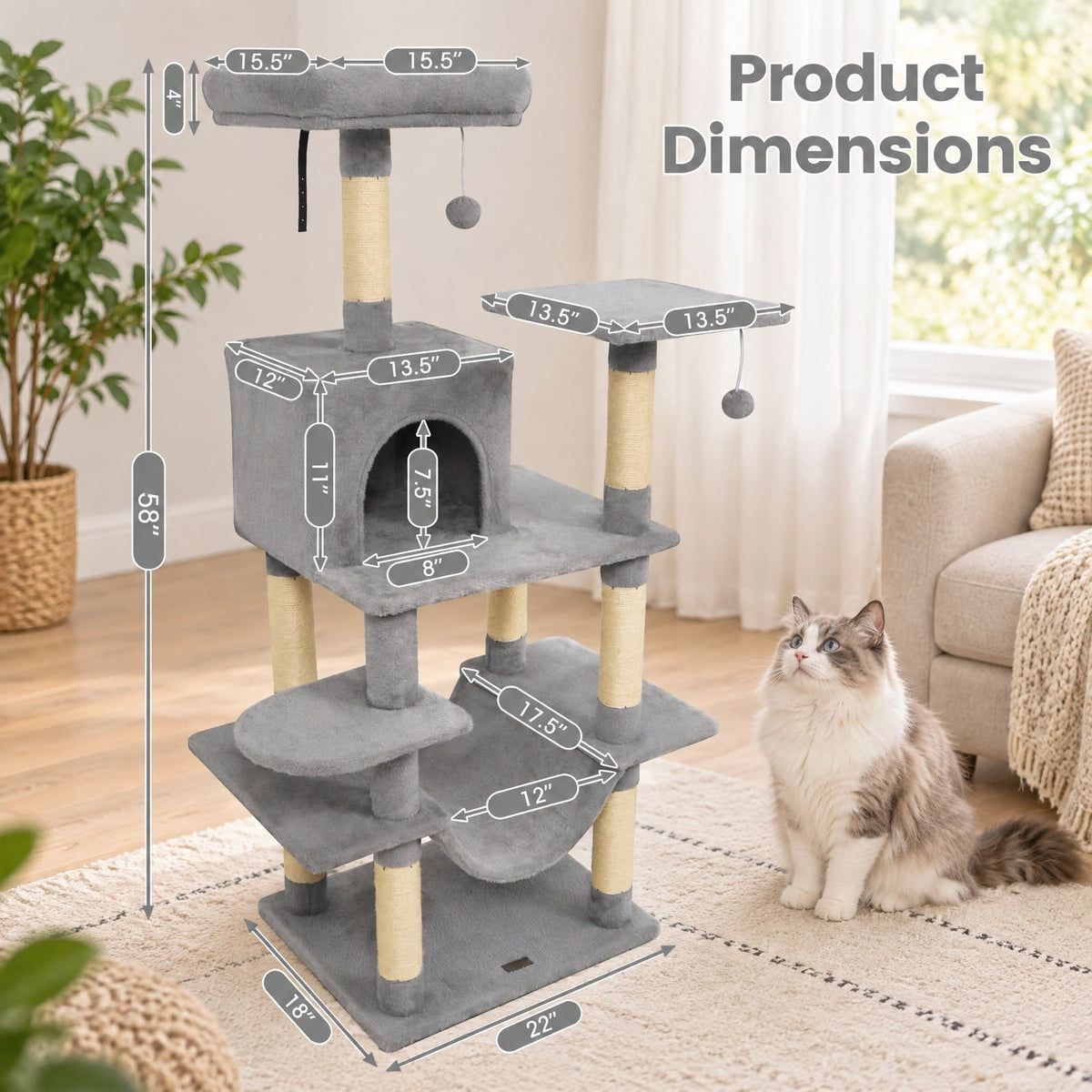 Airfind 58 Multi-Level Cat Tree Soft Plush Cat Tower with Padded Top Perch, PP Cotton Fabric Sisal Engineered Wood Overall Height 58 Base Frame
