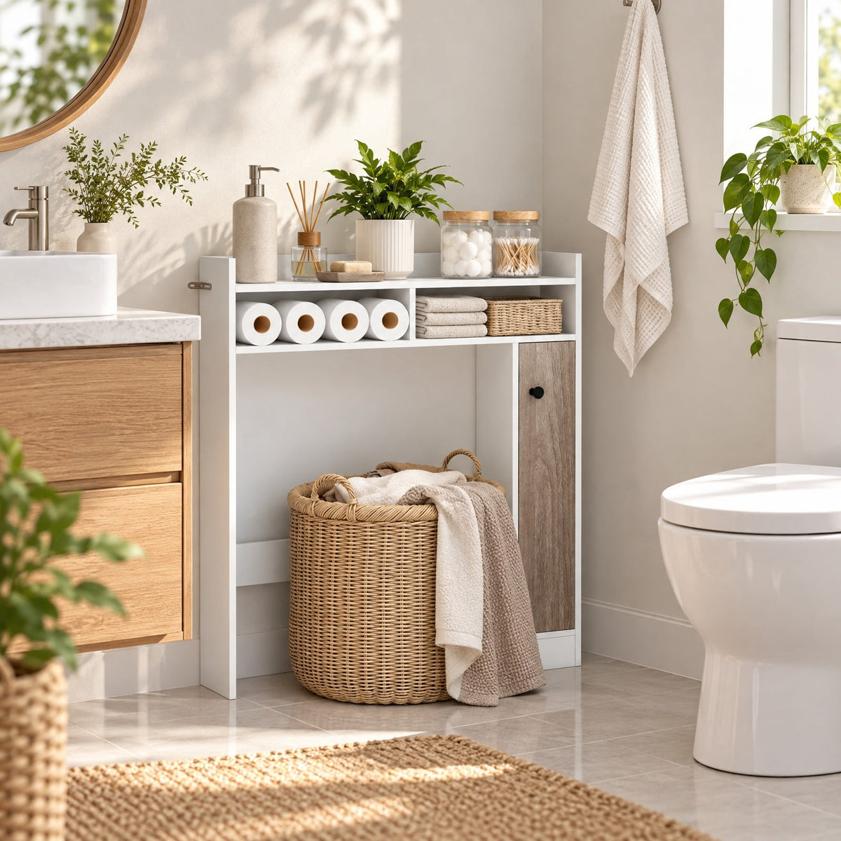 Airfind Bathroom Over the Toilet Floor Storage Organizer with Adjustable Shelves, 100 lbs Capacity, MDF Engineered Wood Frame, White