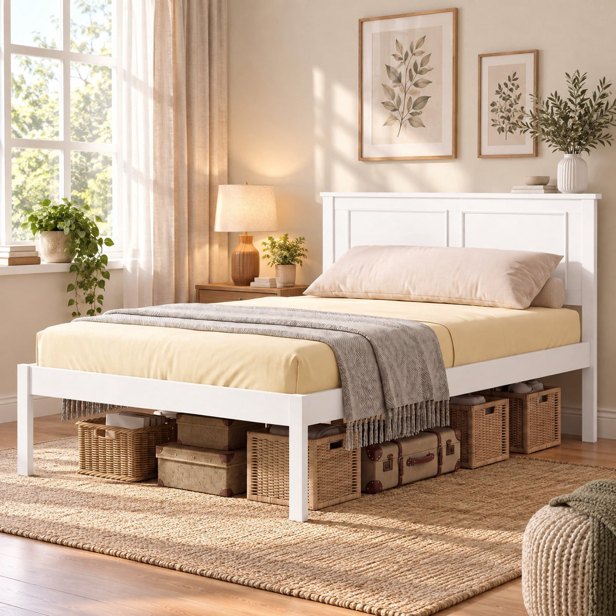 Airfind Twin Size Bed Frame Farmhouse Wooden Platform Bed with Headboard White, 600 lbs Capacity, Solid Wood Plywood Engineered Wood Frame, White