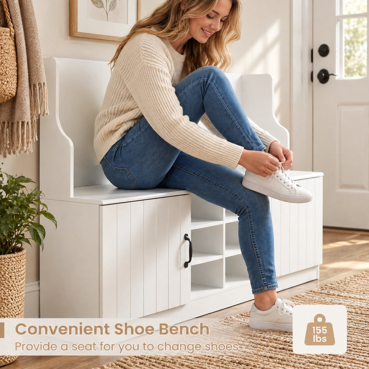 Airfind 59in Wide 6-in-1 Hall Tree with Bench and Storage, 155 lbs Capacity, Engineered Wood MDF Frame, 59in × 16in × 80in Footprint, White