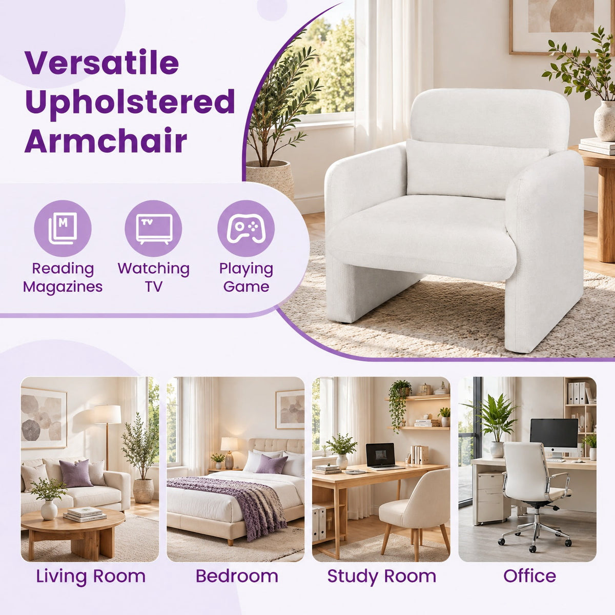 Airfind Modern Upholstered Chenille Accent Chair with Removable Lumbar Pillow, 330 lbs Capacity, Chenille Fabric Sponge PP Cotton Wood Frame, White