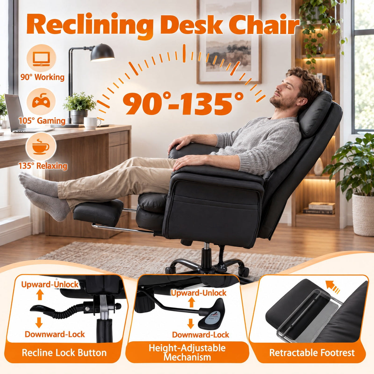 Airfind Ergonomic Cross Legged Office Chair Big and Tall Executive Chair with Retractable Footrest, 500 lbs Capacity, Black