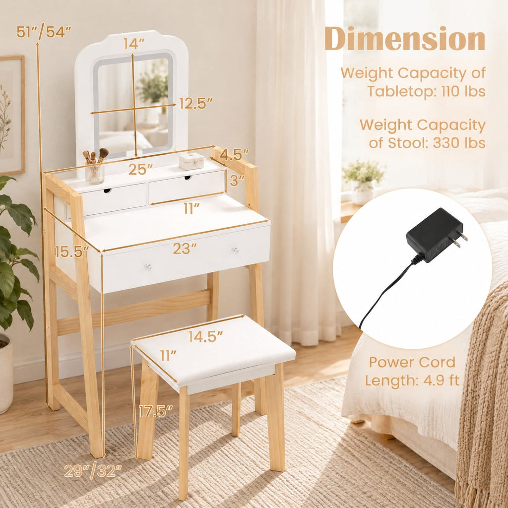 Airfind Adjustable Height Vanity Desk Set with 3-Color LED Lighted Mirror and Drawers, 110 lbs Capacity, P2 MDF Frame, 25in x 15.5in x 54in Footprint