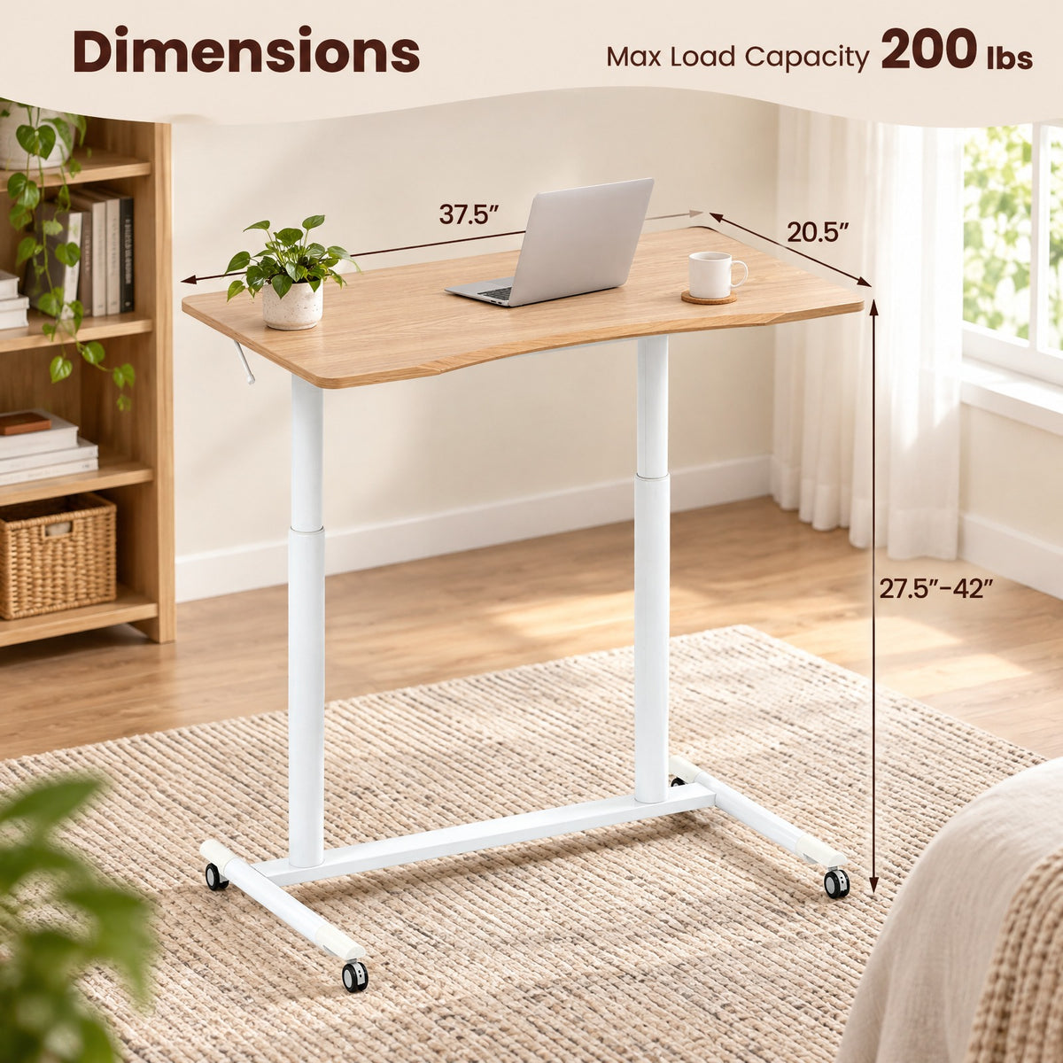 Airfind Height Adjustable Computer Desk Sit to Stand Rolling Notebook Table, MDF Frame, 37.5 x 21.5 x 27.5-42 Footprint, Natural
