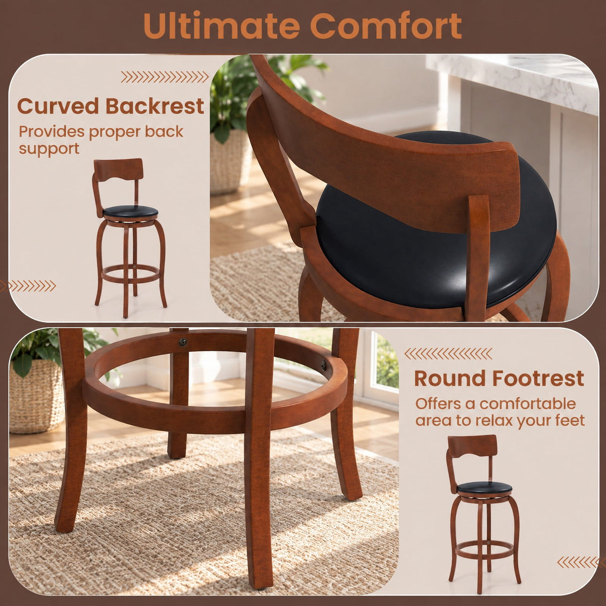 Airfind Swivel Bar Stools Set of 2 with Rubber Wood Frame and Upholstered Seat-29 Inch, 286 lbs Capacity, Rubber Wood Sponge PVC Frame, Wood