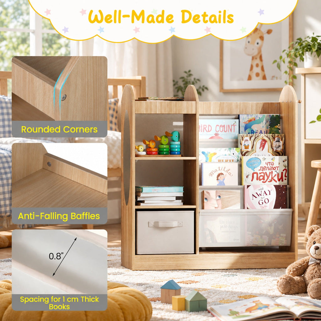 Airfind Toy Storage Organizer with 4-Tier Sling Shelves, 22 lbs Capacity, MDF Pine Wood Fabric Frame for Everyday Use, Natural