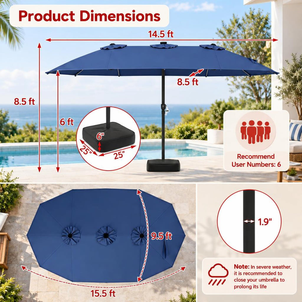 Airfind 15.5FT Extra-Large Patio Umbrella with Base 12 Reinforced Ribs, 180G Polyester Fabric Metal External Frame, Navy