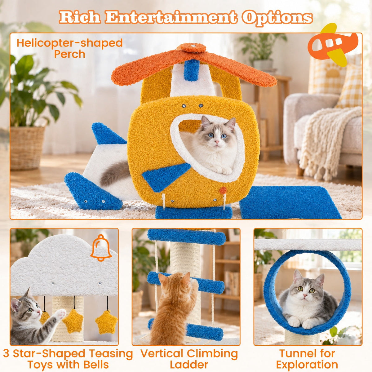 Airfind 70 Inch Tall Aviation-themed Cat Tree with Helicopter Top Perch and Platforms, 22 lbs Capacity, Engineered Wood Sisal Teddy Fleece Frame