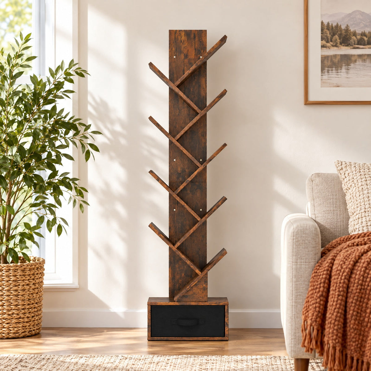 Airfind 10-tier Tree Bookshelf with Drawer Free, 26.5 lbs Capacity, 13 x 7 x 5.5 (L x W x H)Overall Footprint, Rustic Brown Black