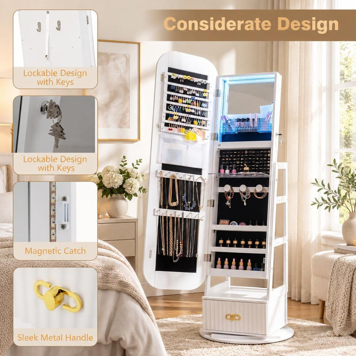 Airfind Swivel Jewelry Cabinet with Full-Length Mirror and LED Lights and Storage Shelves, Engineered Wood Frame, 22in x 22in x 65in Footprint, White