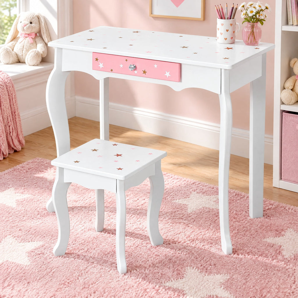 Airfind Kids Princess Vanity Table and Stool Set with Tri-folding Mirror and Drawer, 44 lbs Capacity, MDF Frame, White