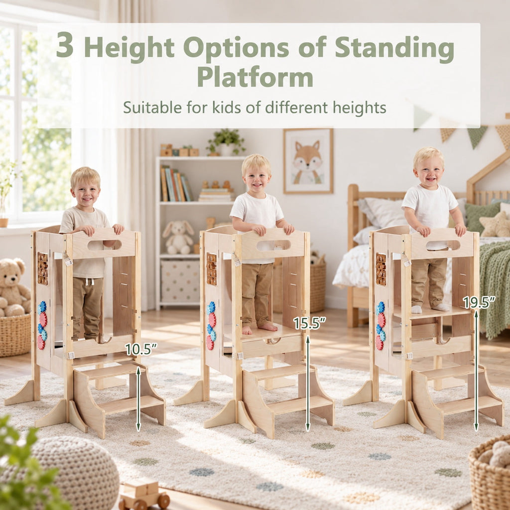 Airfind Standing Tower, Foldable Youth Step Stool Wooden Kitchen, with 2-Step Height, 110 lbs Capacity, Pine Wood Frame, for 3+ Years Old, Natural