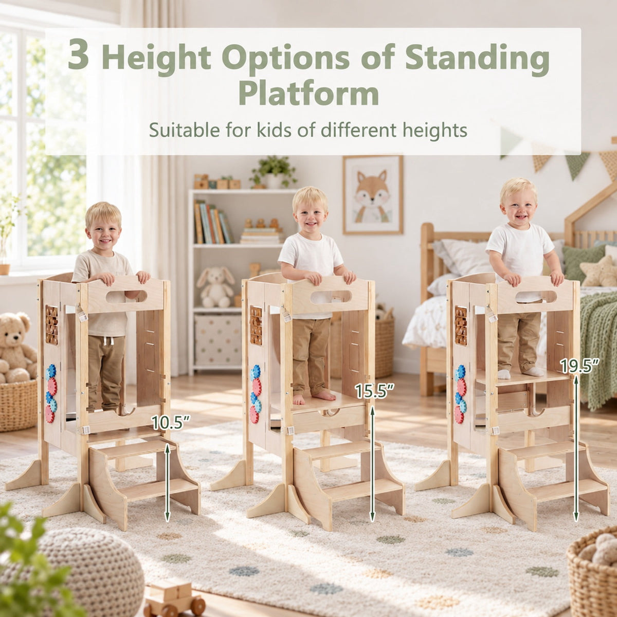 Airfind Standing Tower, Foldable Youth Step Stool Wooden Kitchen, with 2-Step Height, 110 lbs Capacity, Pine Wood Frame, for 3+ Years Old, Natural