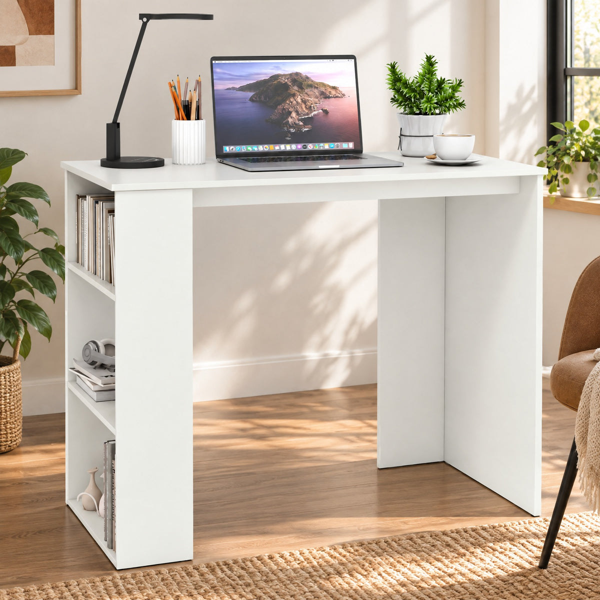 Airfind Computer Desk with Bookshelf for Small Space, 155 lbs Capacity, Engineered Wood Frame, 35.5 x 18 x 29.5 Footprint, White