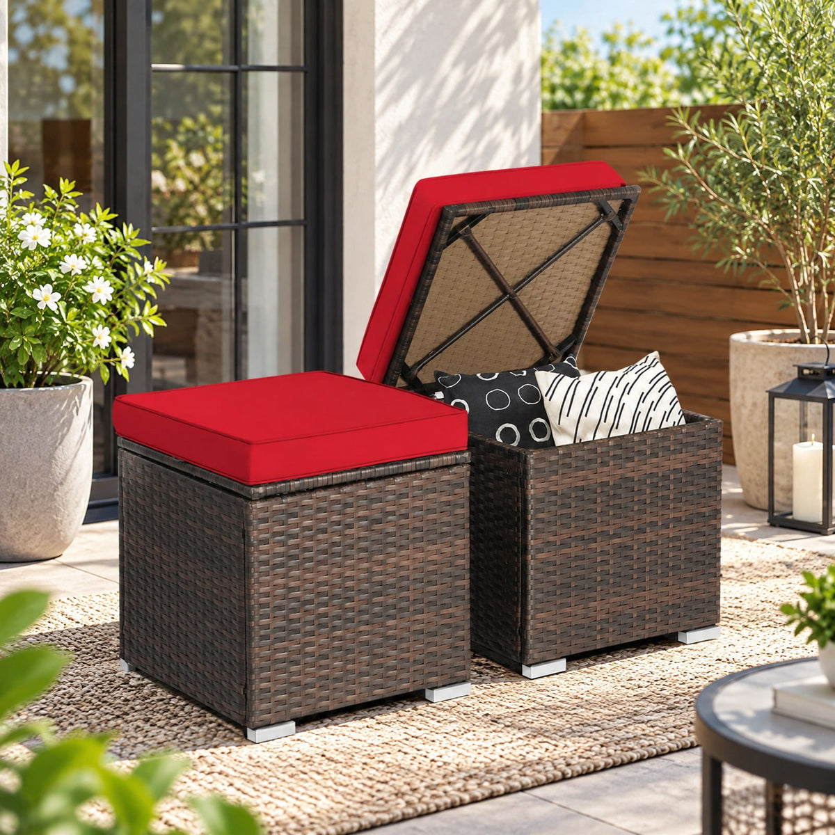 Airfind 2 Pieces Patio Ottoman with Removable Cushions, 350 lbs Capacity, Metal PE Rattan Sponge Polyester Frame, 16 x 16 x 15.5 Footprint, Red