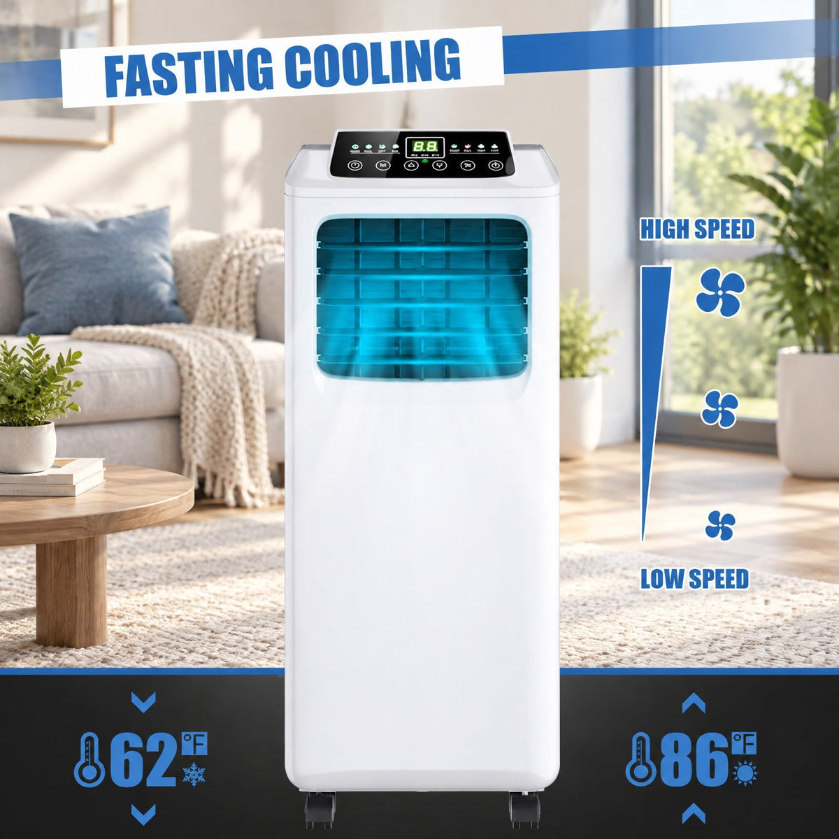Airfind 9000 BTU Portable Air Conditioner with Built, 12 Inch x 13 Inch x 30 Inch (W x D x H) Product weight: 54.5 lbs Footprint, Black + white Cooling