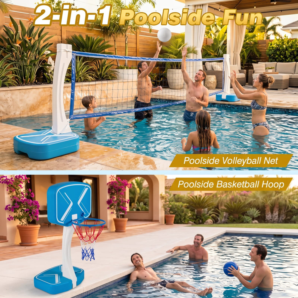 Airfind 2 in 1 Pool Basketball Hoop and Volleyball Net Set with Weighted Base for Swimming Pool Beach and Backyard Water Games, Blue