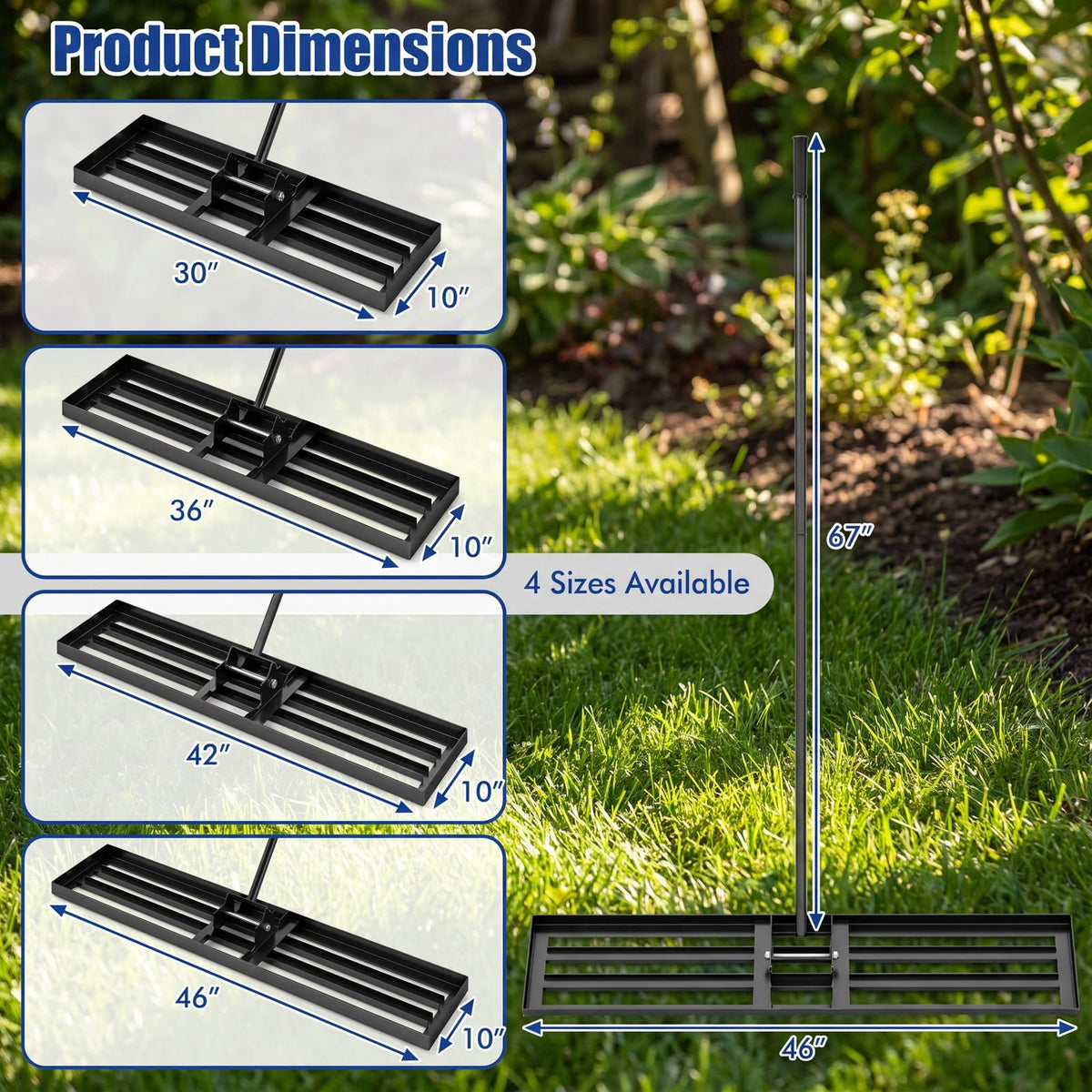 Airfind Lawn Leveling Rake 46 x 10 Inch Heavy Duty Lawn Level Tool for Soil, Metal PVC Plate Frame, 46 x 10 Handle Length 67 Footprint, Black