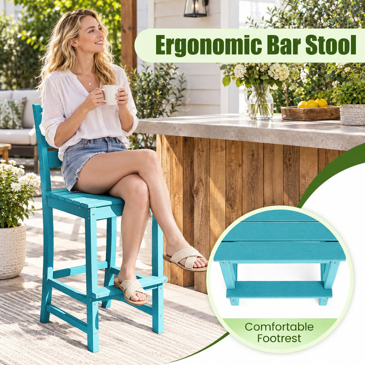 Airfind 30 Inches Counter Height HDPE Bar Stool with Backrest and Footrest, 360 lbs Capacity, HDPE Frame, Turquoise