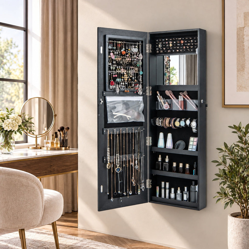 Airfind Mirrored Jewelry Armoire featuring Full Length Mirror and 2 Internal LED Lights, MDF Frame, 15.5 Inch x 5 Inch x 47 Inch (L x W x H) Hook Footprint, Black