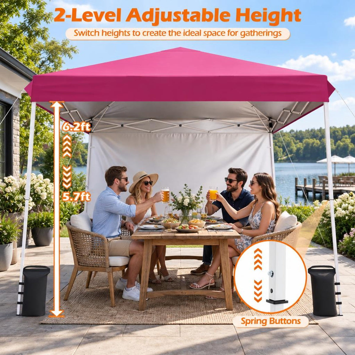 Airfind 9 ft x 9 ft Pop Up Canopy Tent with 8 Ground Stakes 4 Wind Ropes and Carry Bag for Outdoor Party, Metal Oxford Cloth PP Frame, Pink