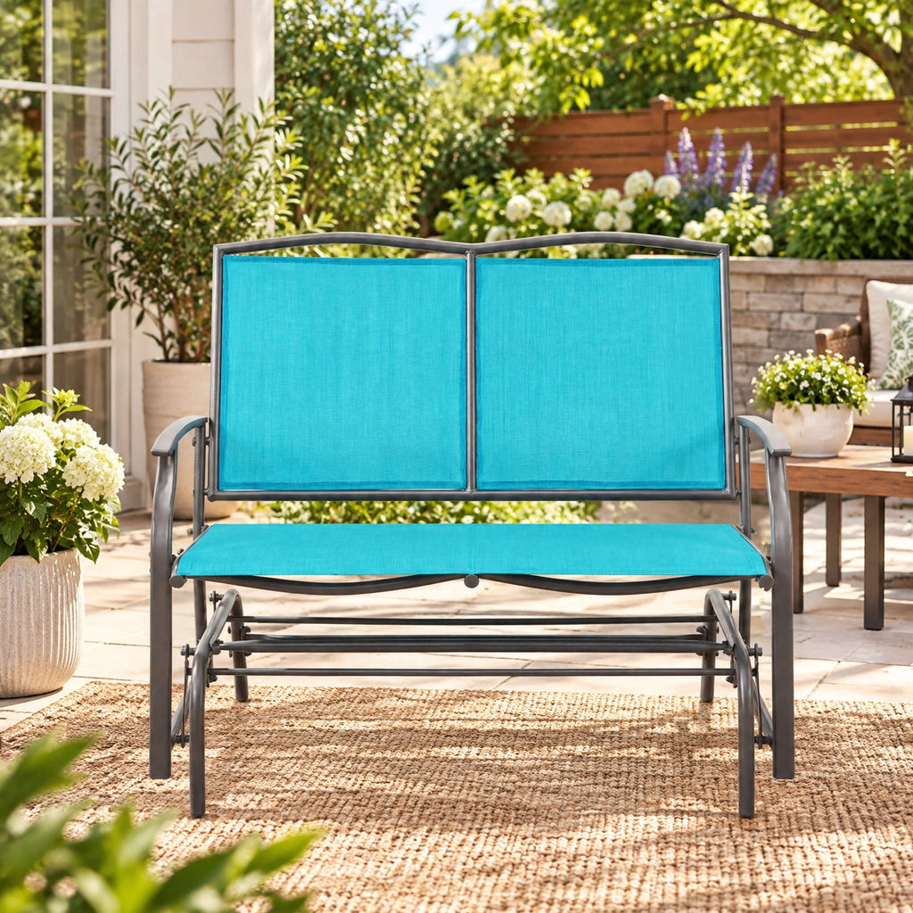 Airfind Iron Patio Glider Loveseat for Outdoor Backyard, 396 lbs Capacity, Steel and textilene Frame, 41.3 x 28.1 x 36.6 Footprint, Turquoise