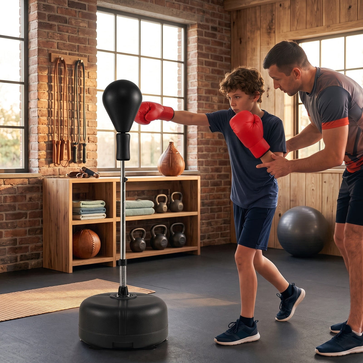 Airfind Height Adjustable Punching Bag with Stand for Teens and Adults, Freestanding Reflex Boxing Bag with Weighted Fillable Base, Gloves and Spring Ball for, Black