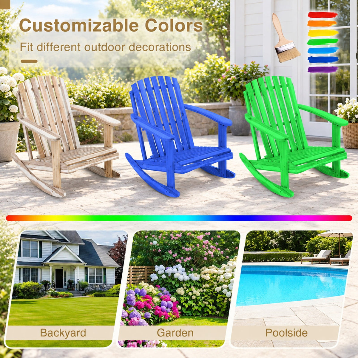 Airfind Adirondack Rocking Chair with Slatted Seat and High Fanned Back, 400 lbs Capacity, Acacia Wood Frame, 37 Inch x 29.5 Inch x 35 Inch Footprint, Natural