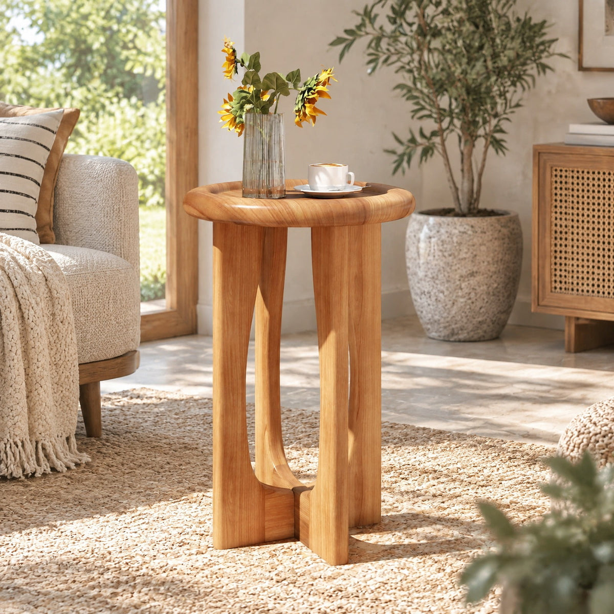Airfind 14 Inch Farmhouse End Table with Round Tray Top and Wood Cross Legs, 110 lbs Capacity, Mahogany Wood Frame, 14 x 14 x 23.5 Footprint