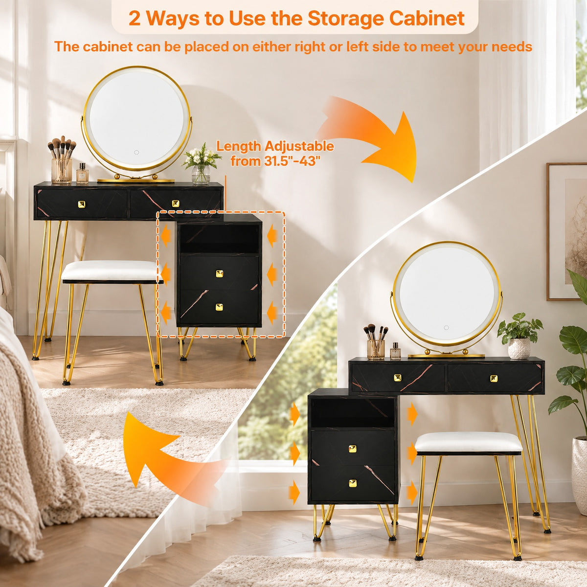 Airfind Modern Dressing Table with Storage Cabinet, 88 lbs Capacity, Steel plywood wood sponge glass Frame, 31.5in x 16in x 30in Footprint, Black