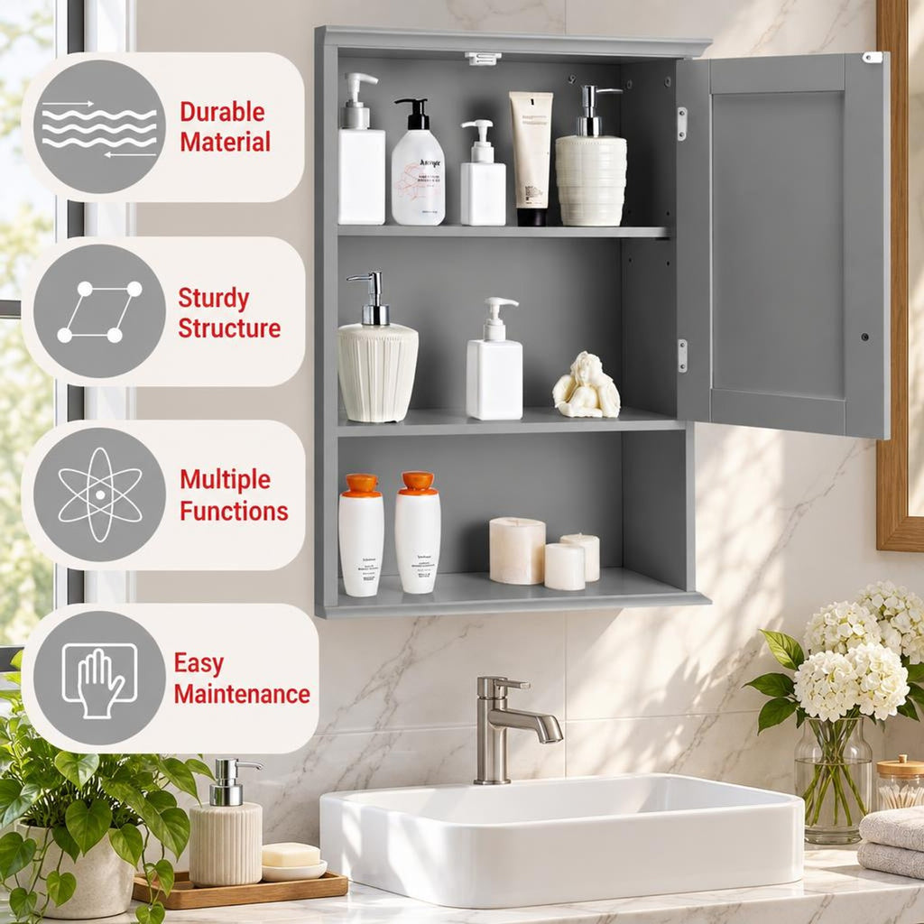 Airfind Wall Mount Bathroom Storage Cabinet, MDF Metal Frame, 23.5in x 8in x 28in(L x W x H) Weight capacity of each level: 11 lbs Footprint, Gray