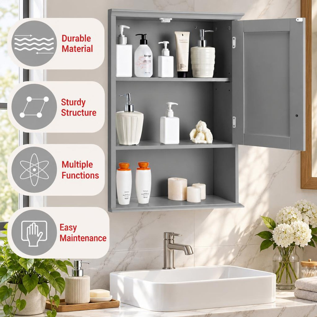 Airfind Wall Mount Bathroom Storage Cabinet, MDF Metal Frame, 23.5in x 8in x 28in(L x W x H) Weight capacity of each level: 11 lbs Footprint, Gray